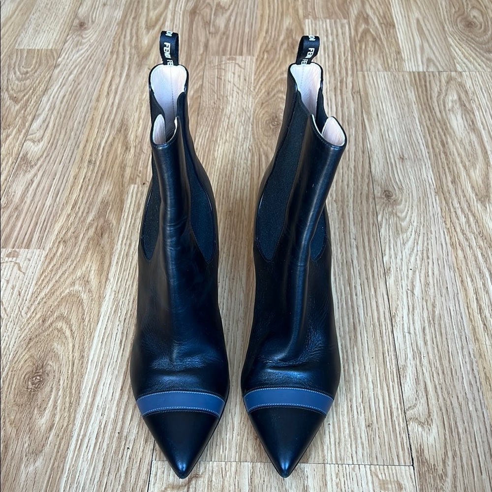 Fendi booties, black leather with gray stripe at the front